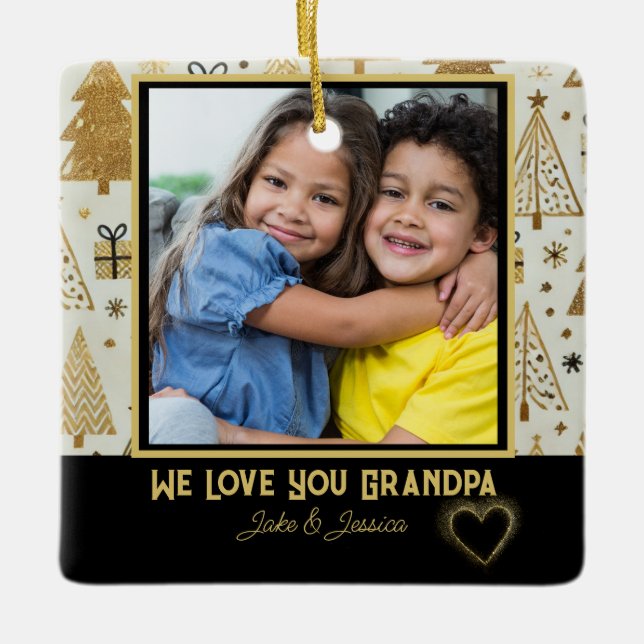 Moderne Wir Liebe Sie Opa Black und Gold Keramikornament (Vorderseite)