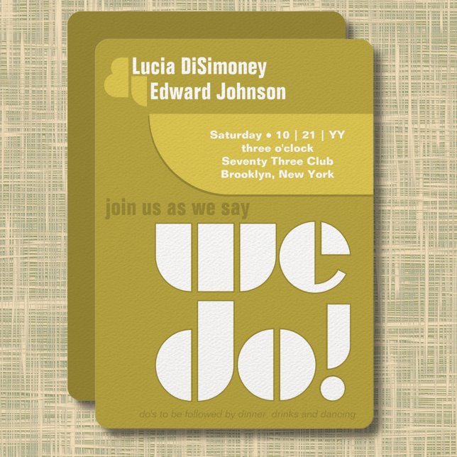 Moderne wir machen geometrische Typografie Avocado Einladung (Modern geometric "we do!" wedding invitation in olive and avocado green.)