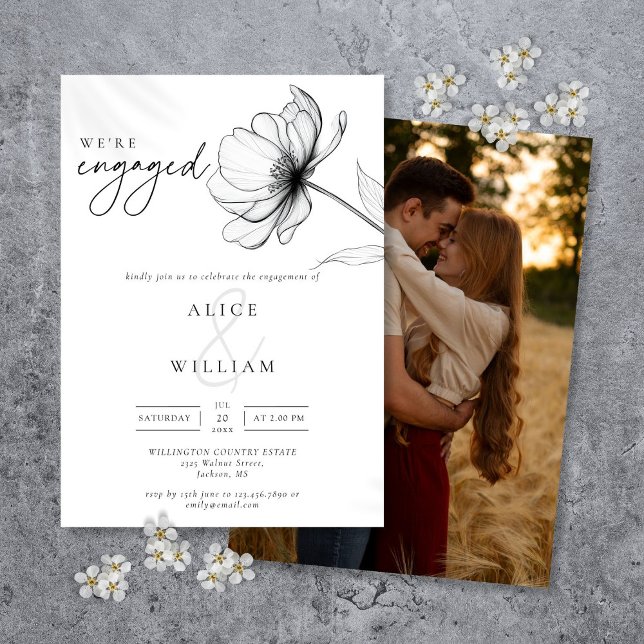 Moderne Wir sind Verlobte florale Foto-Engagement- Einladung (Modern We're Engaged Floral Photo Engagement Party Invitation)