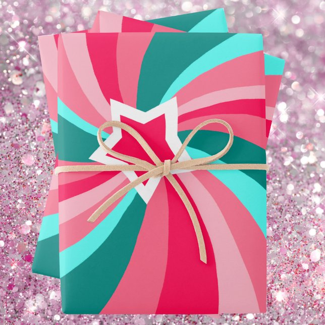 Moderne Wirbelstern Grün Pink Geschenkpapier Set (Modern Swirl Star Green Pink Holiday Christmas Wrapping Paper Sheets
)