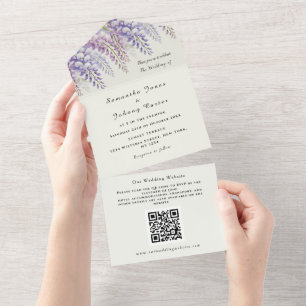 Moderne Wisteria Watercolor Lila QR Code Wedding All In One Einladung