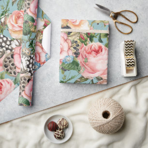 Moderne wunderliche Rosen und Uhren Muster Blau Geschenkpapier