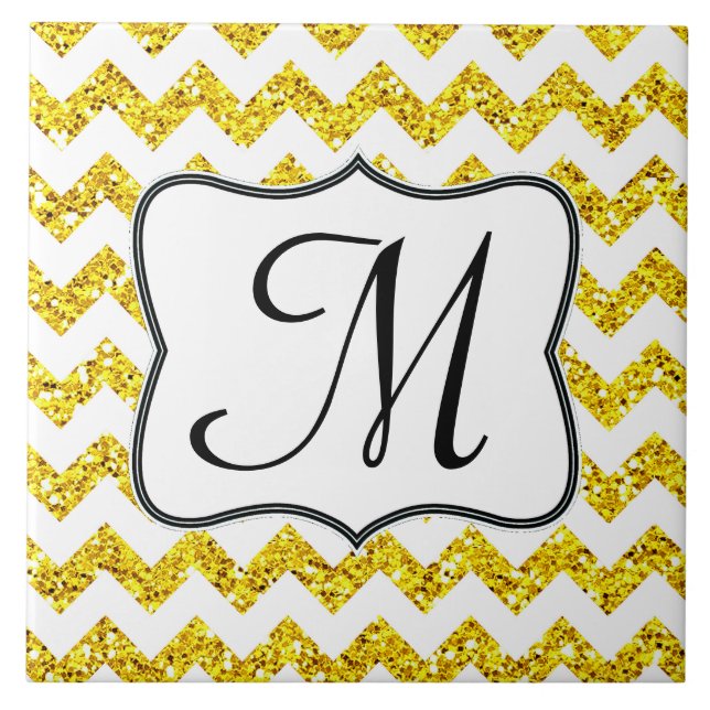 Moderne Yello Glitzer Zickzack Monogram Display Ti Fliese (Vorderseite)
