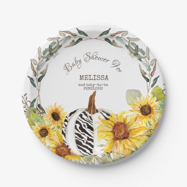 Moderne Zebra White Pumpkin Sunflowers Baby Dusche Pappteller (Vorderseite)