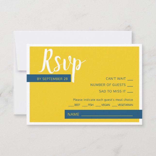Moderne zeitgenössische blaue und gelbe Hochzeit m RSVP Karte (Vorderseite)
