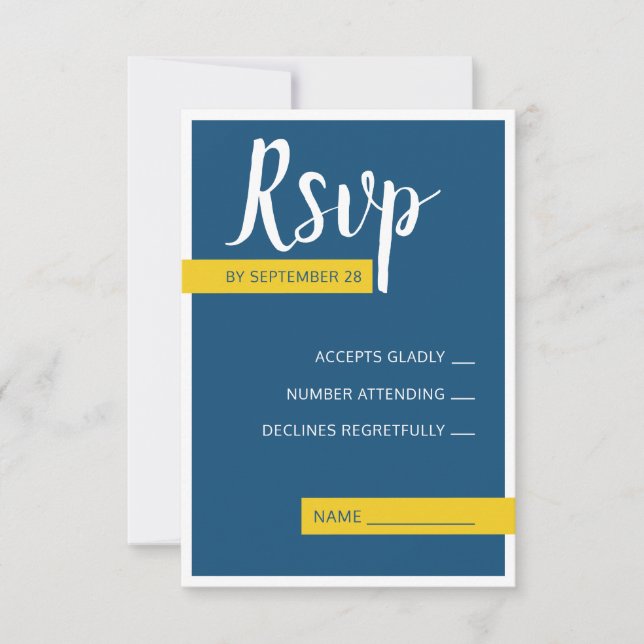 Moderne zeitgenössische blaue und gelbe Hochzeit m RSVP Karte (Vorderseite)