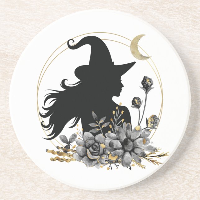 Moderne zeitgenössische Halloween-Hexe Getränkeuntersetzer (Vorne)