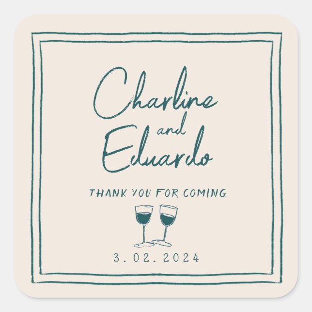 Moderne zeitgenössische Retro-Hochzeit Quadratischer Aufkleber (Vorderseite)