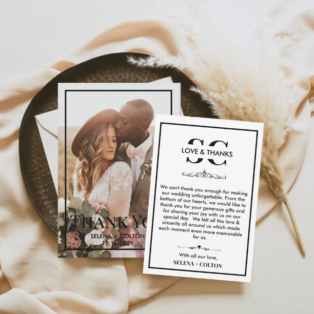 Moderne zeitlose Schwarz/Weiß-Foto-Hochzeit Dankeskarte (Von Creator hochgeladen)