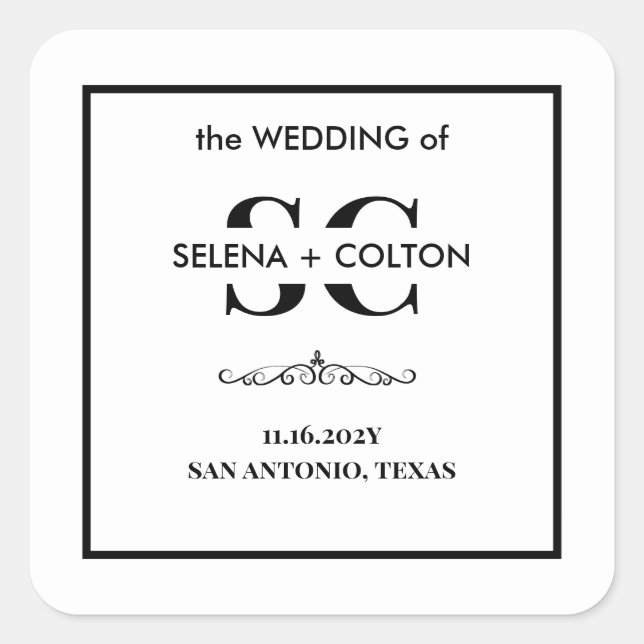 Moderne zeitlose Schwarz-Weiß-Hochzeitskleber Quadratischer Aufkleber (Vorderseite)