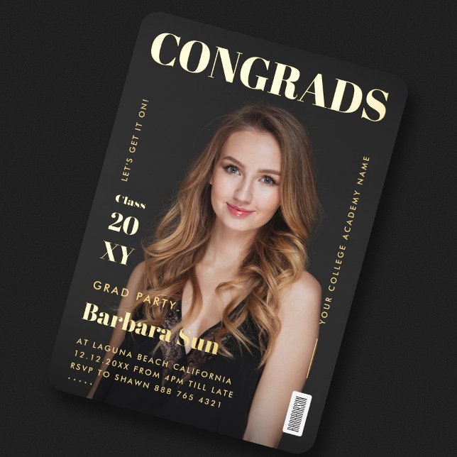 Moderne Zeitschrift Black and Gold Graduation Part Folieneinladung (Von Creator hochgeladen)