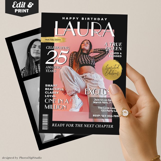 Moderne Zeitschriftenabdeckung für Geburtstage, Po Einladung (Modern Birthday Custom Magazine Cover, Portrait Invitation Black and Gold)