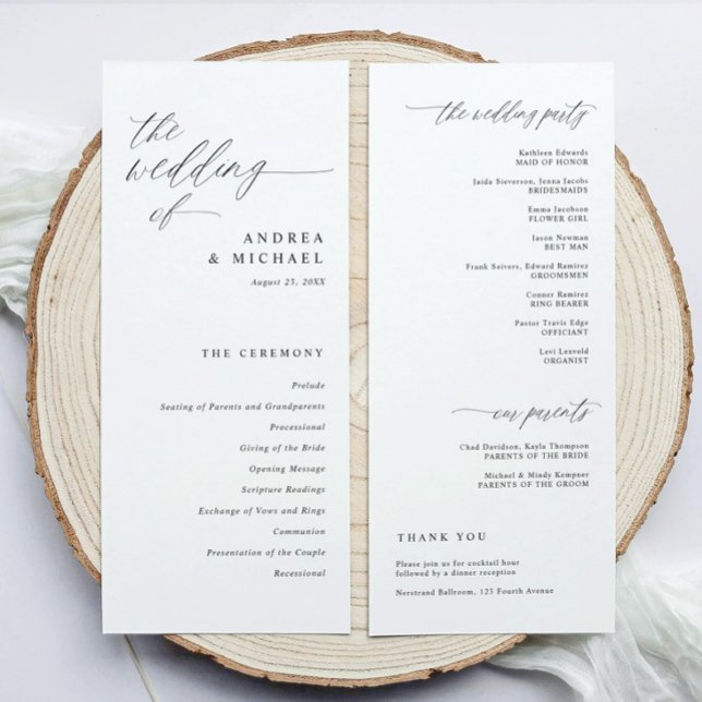 Moderne Zeremonie-Skript-Kalligrafie Elegante Hoch Programm (Elegant wedding programs in modern black and white calligraphy script.)