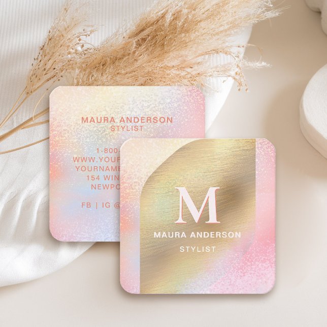 Moderne zerkleinerte Imitate, goldfarben, monogram Quadratische Visitenkarte (holographic pink business card square geometric gold monogram hairdresser stylist artist lash nails )