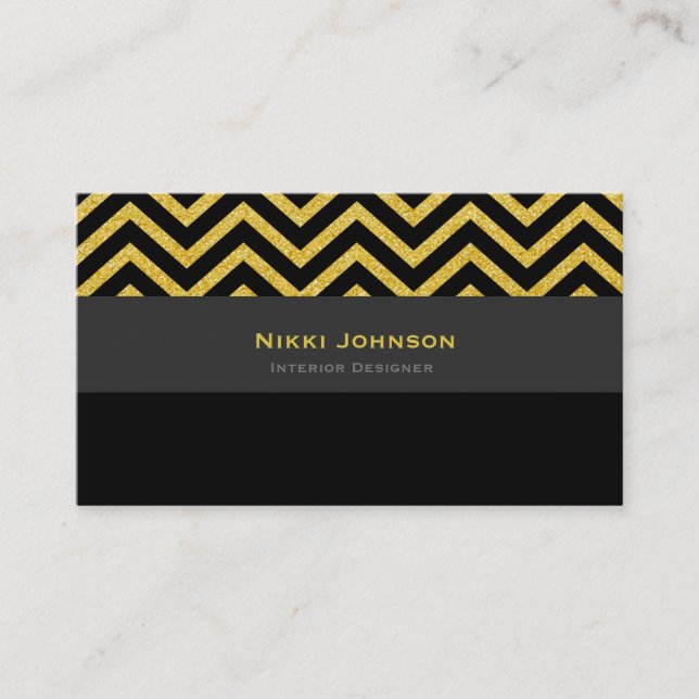 Moderne Zickzack Black & Gold Glam Business Card Visitenkarte (Vorderseite)