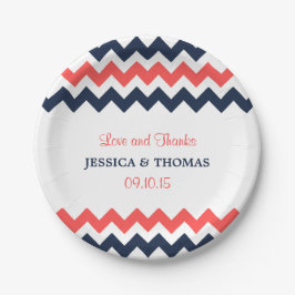 Moderne Zickzack Hochzeitskollektion Navy & Coral Pappteller
