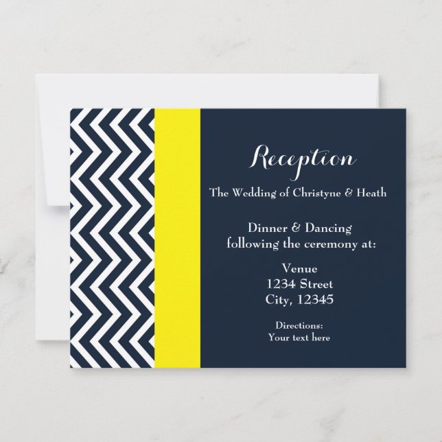 Moderne Zickzack Navy Blue & Yellow Empfang Card Einladung (Vorderseite)