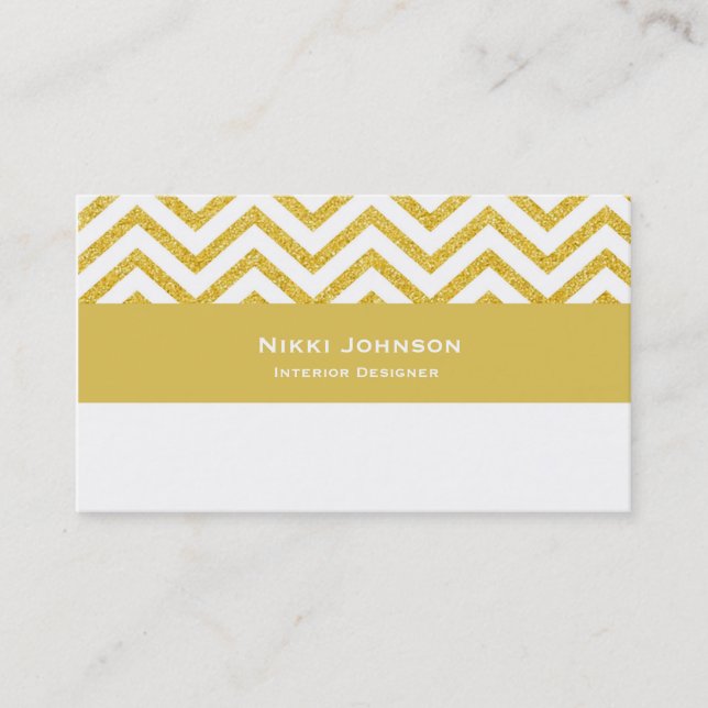 Moderne Zickzack White & Gold Glam Business Card Visitenkarte (Vorderseite)