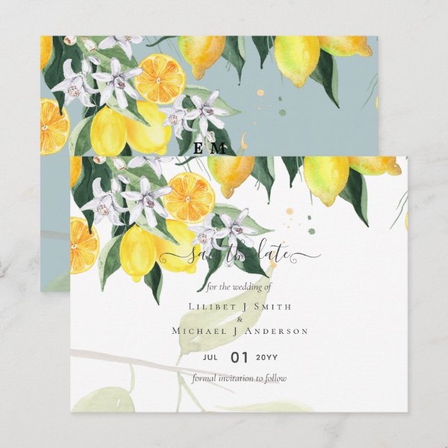 Moderne Zitronenbaum-Hochzeit spart das Datum Postkarte (Vorne/Hinten)