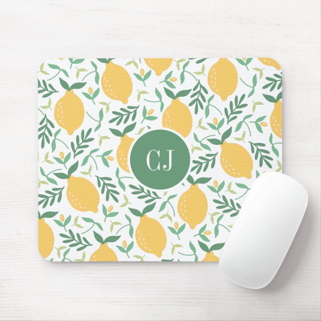 Moderne Zitronenfrüchte Sommergelbe grüne Monogram Mousepad (Mit Mouse)