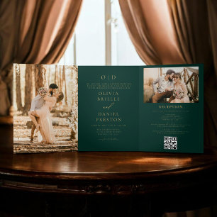 Moderne Zwei-Foto-Gold-Smaragdgrüne Hochzeit Dreifach Gefaltete Einladung