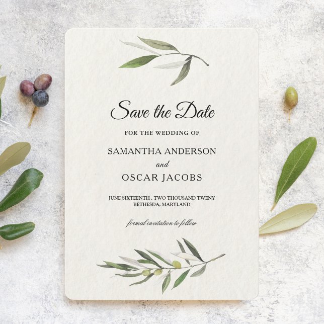Moderne Zweigniederlassung aus grünem Olive Save The Date (Von Creator hochgeladen)