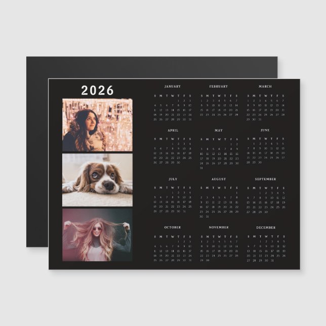 Moderner 2026 Kalender 3 Foto Collage Magnet Karte (Vorne/Hinten)