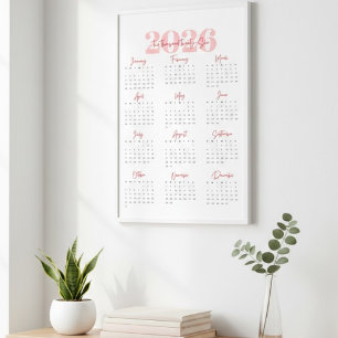 Moderner 2026 Wandkalender   Pink & Rot Minimalist Poster