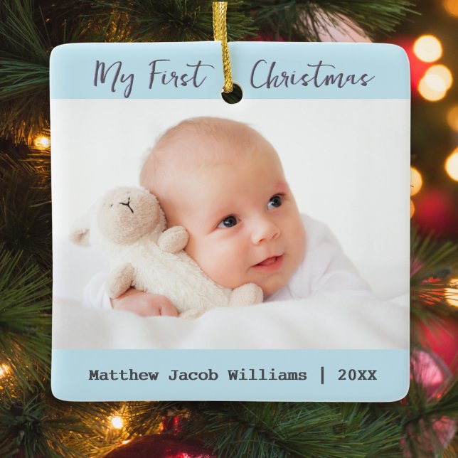 Moderner 2-Foto Baby's First Christmas Keepake Keramikornament (A personalized Christmas tree ornament for baby's first Christmas, with custom photos and text)