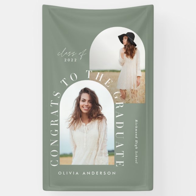 Moderner 2-Foto-Bogen-Grün-Abschluss Banner (Vertikal)