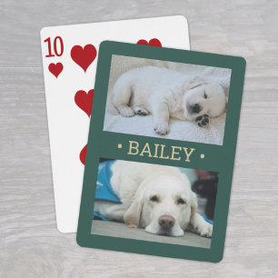 Moderner 2-Foto Hund oder Name Grün und Gold Spielkarten