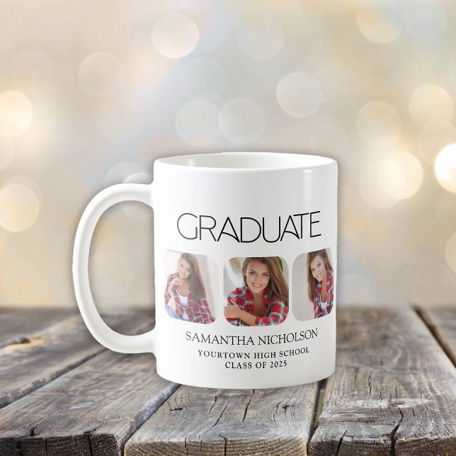 Moderner 3-Foto-Abschluss Sleek Kaffeetasse (Graduation 3-photo mug)
