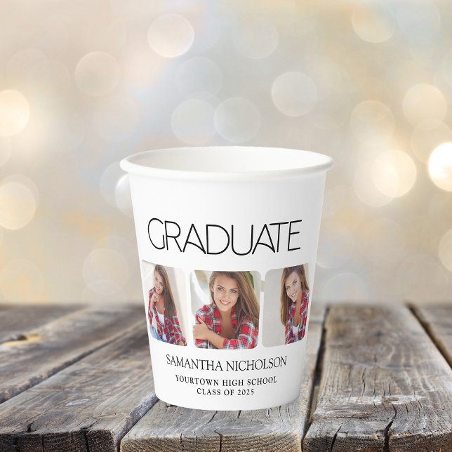Moderner 3-Foto-Abschluss Sleek Pappbecher (Graduation 3-photo paper cup)