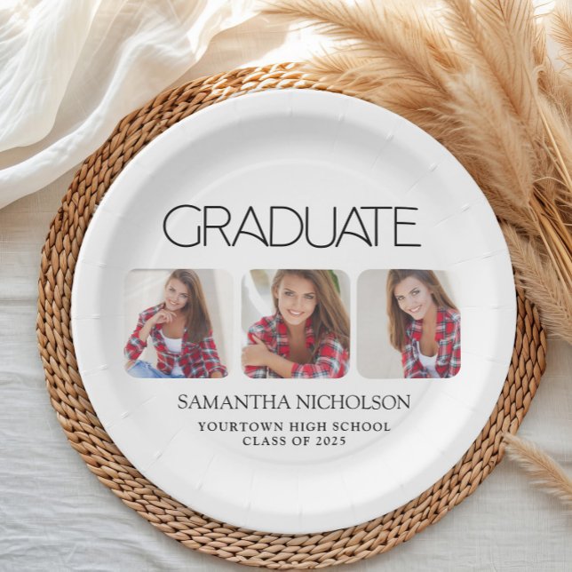 Moderner 3-Foto-Abschluss Sleek Pappteller (Modern white 3 photo graduation party paper plate)