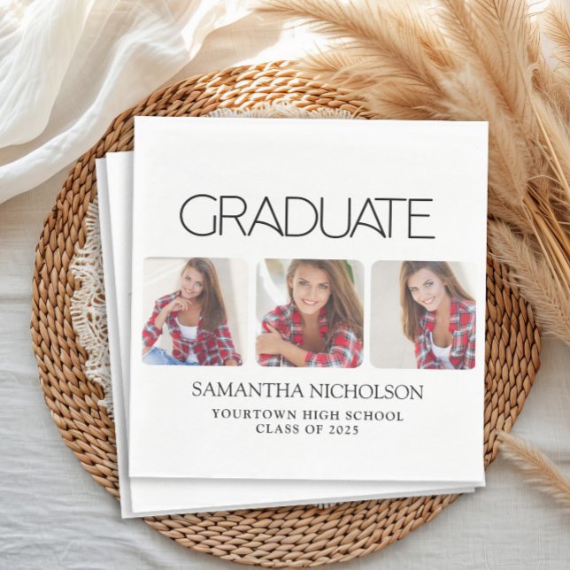 Moderner 3-Foto-Abschluss Sleek Serviette (Modern white 3 photo graduation party paper napkins)
