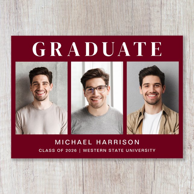 Moderner 3 Foto Burgund Abschluss Ankündigung (Modern 3 Photo Burgundy Graduation Announcement)