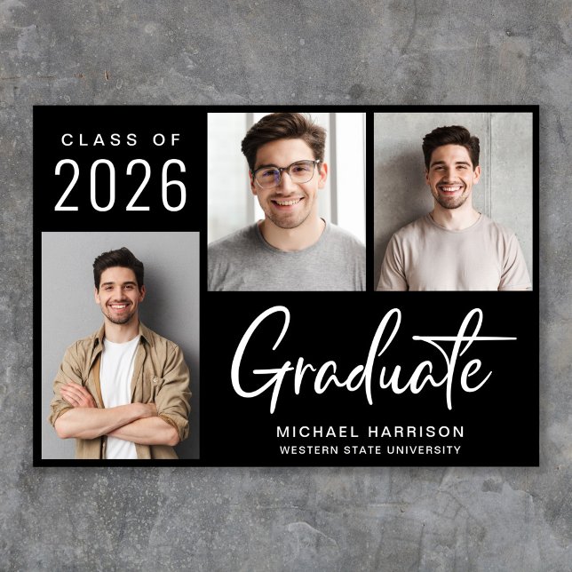 Moderner 3 Foto Script Black Abschluss Ankündigung (Cherish the milestone: share your graduate's achievement with a custom photo graduation announcement)