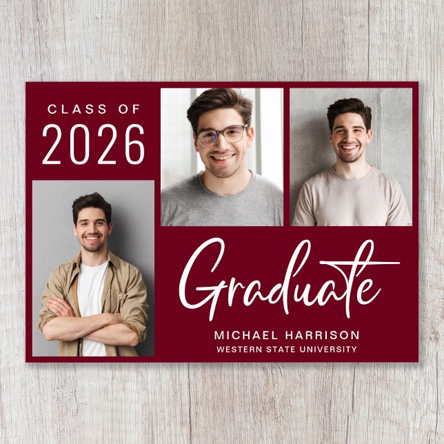 Moderner 3 Foto Script Burgundy Abschluss Ankündigung (Cherish the milestone: share your graduate's achievement with a custom photo graduation announcement)
