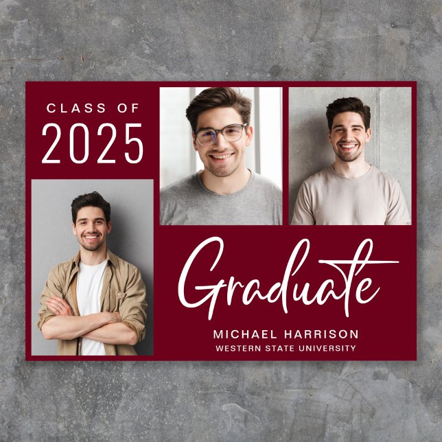 Moderner 3 Foto Script Burgundy Abschluss Ankündigung (Cherish the milestone: share your graduate's achievement with a custom photo graduation announcement)