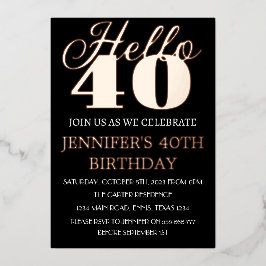 Moderner 40. Geburtstag Black Rose Gold Foil QR Co Folieneinladung