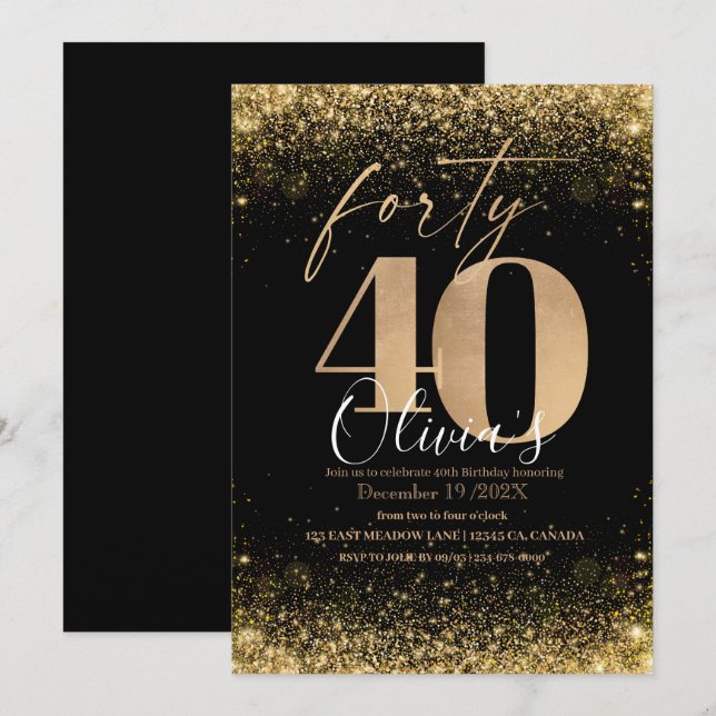 Moderner 40. Geburtstag Party Black Gold Glitzer Einladung (Vorne/Hinten)