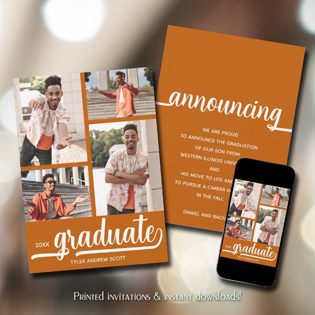 Moderner 4 Foto Burnt Orange Abschluss Ankündigung (Modern 4 photo collage burnt orange graduation announcements)