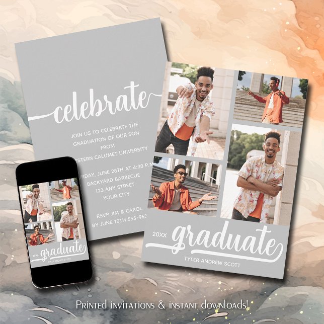 Moderner 4-Foto Collage Grau Abschluss Einladung (Modern 4 photo collage silver graduation party invitations)
