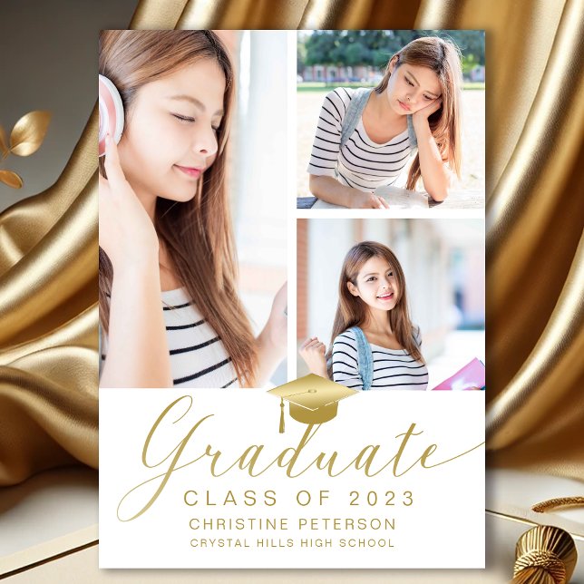 Moderner 4-Foto Collage Weißer Abschluss Ankündigung (Modern Photo Collage White and Gold Graduation Announcement)