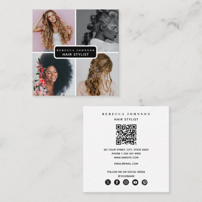Moderner 4-Foto-Frisör-Stylist Beauty QR-Code Quadratische Visitenkarte (Vorne/Hinten)
