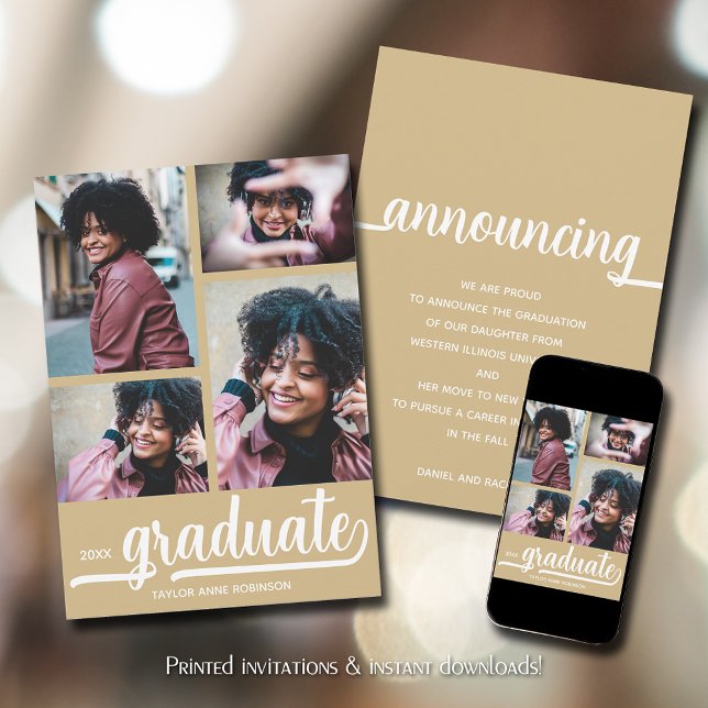 Moderner 4 Foto Gold Abschluss Ankündigung (Modern 4 photo collage gold graduation announcements)