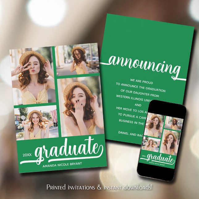 Moderner 4 Foto Grüner Abschluss Ankündigung (Green graduation announcements feature your favorite photos)