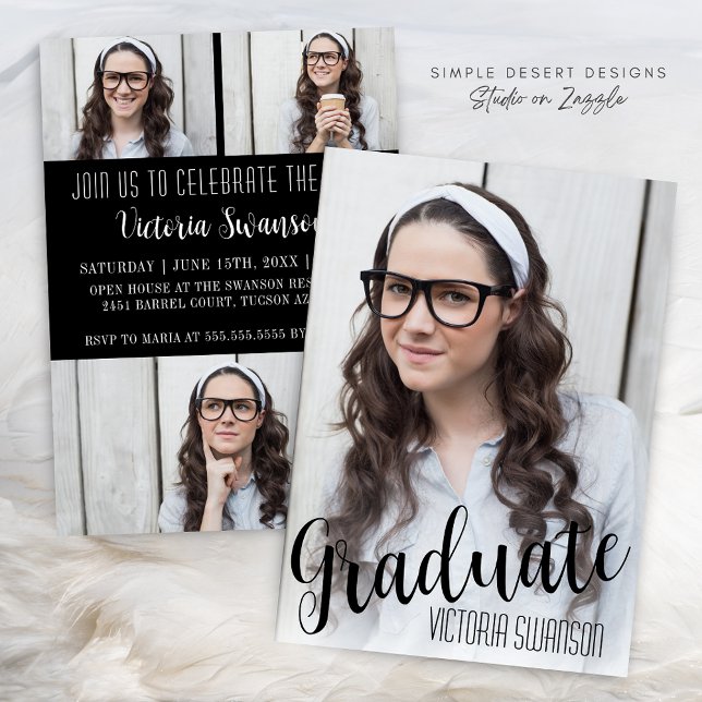 Moderner 4 Foto Schwarz/Weiß Abschluss Einladung (Modern Black and White Signature Graduation Announcement with Photo Collage & Elegant Script)