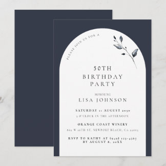 Moderner 50. Geburtstag Navy Blue Arch Botanical Einladung