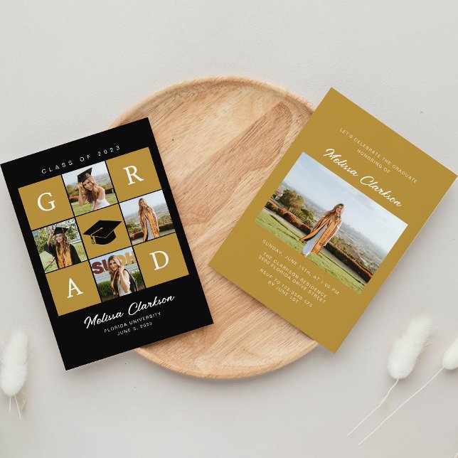 Moderner 5-Foto Collage Black & Mustard Abschluss Einladung (Von Creator hochgeladen)